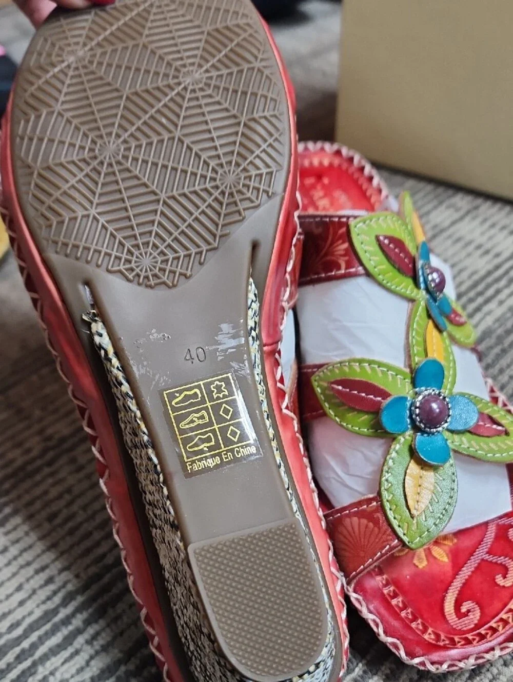 L'Artiste Red Floral Leather Wedge Sandals